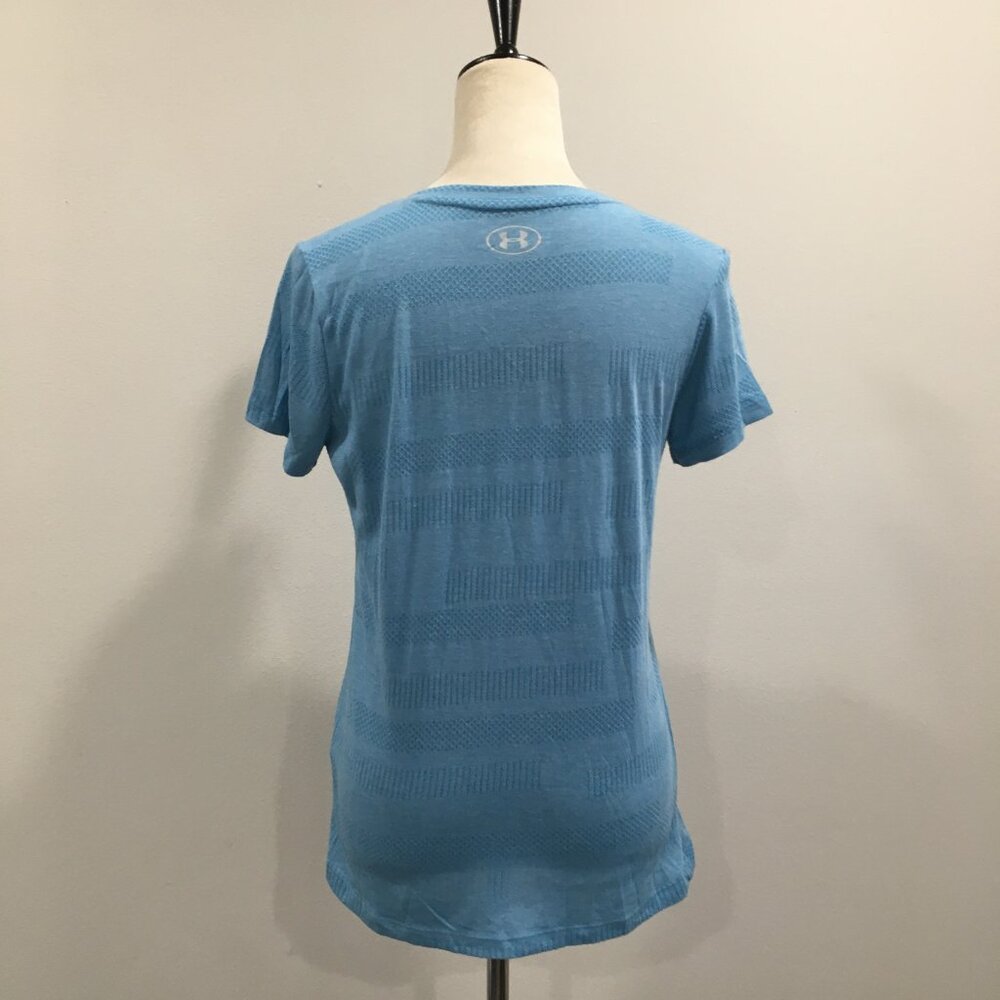 UNDER ARMOUR Short Sleeve Blue V Neck HeatGear Moisture Wick Stretch Shirt Top - Picture 7 of 8